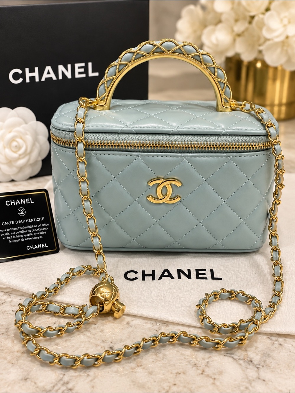 Source Unknown Powder Blue Quilted Mini Vanity Bag with Gold Hardware